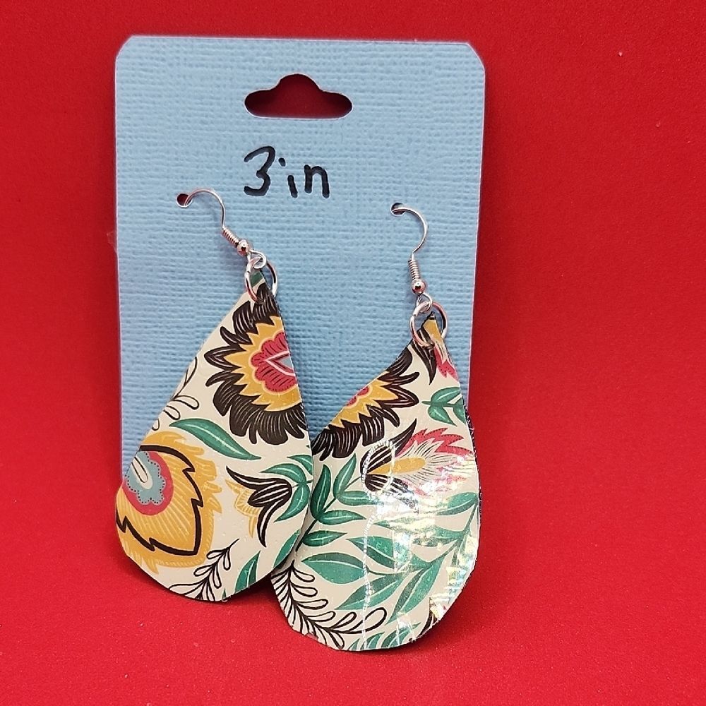 Hand Crafted Dangle Earring  Faux Leather Floral Teardrop